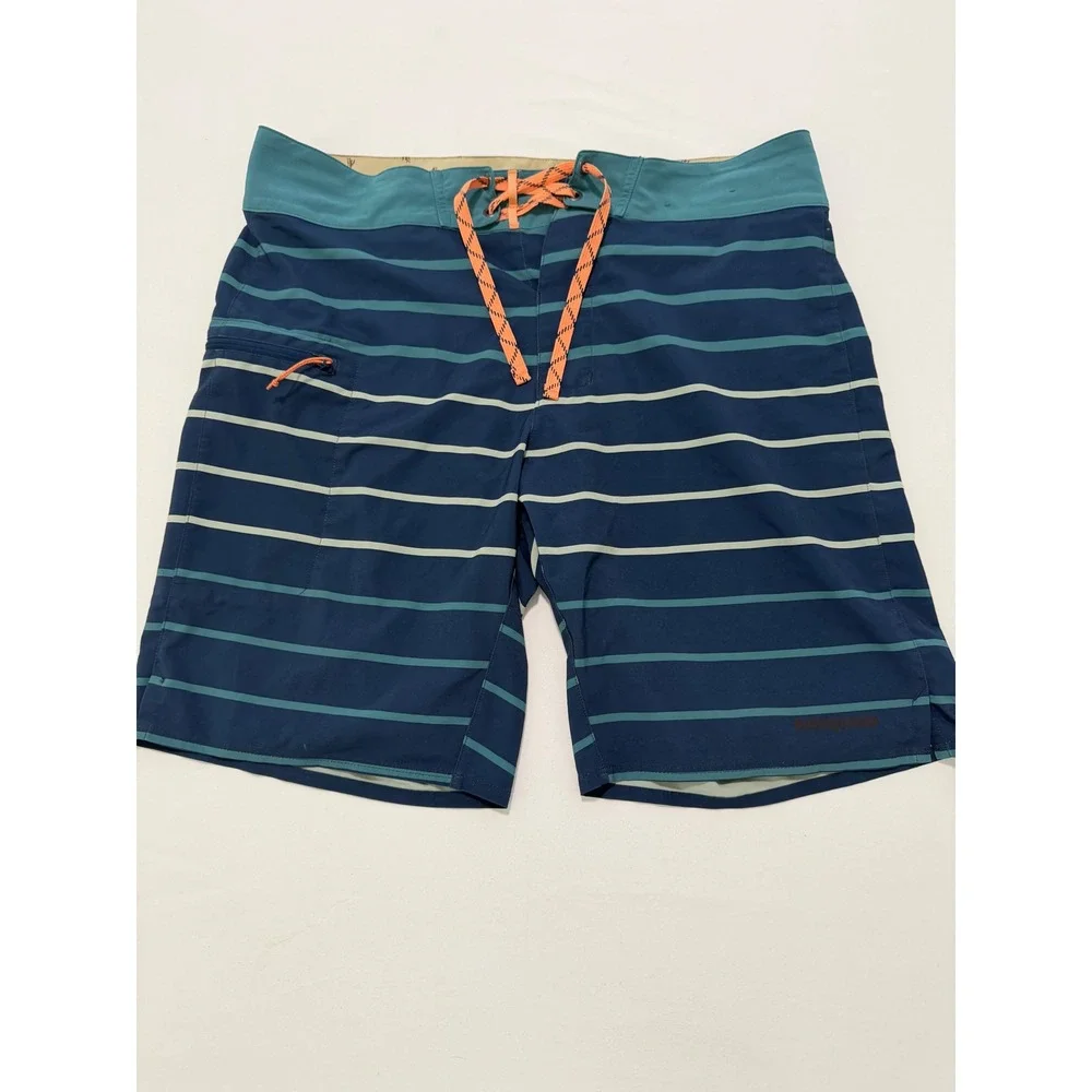 Patagonia Mens Board Shorts 32 Blue Teal Striped Swim Trunks Surfing Inseam 9in